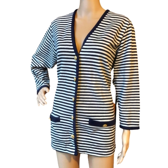 Navy Blue, White, & Gold Striped Nautical Cardigan with Detailed Button Closure - Picture 1 of 11